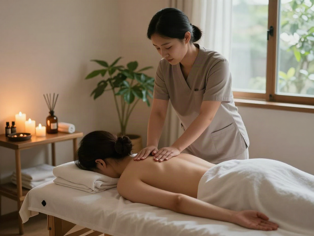 Soothing 오산출장마사지 therapy session in serene studio with calming atmosphere.