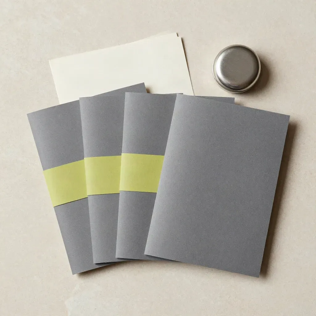 Flat lay di zine creator, case tondo e busta piegata su pietra chiara
